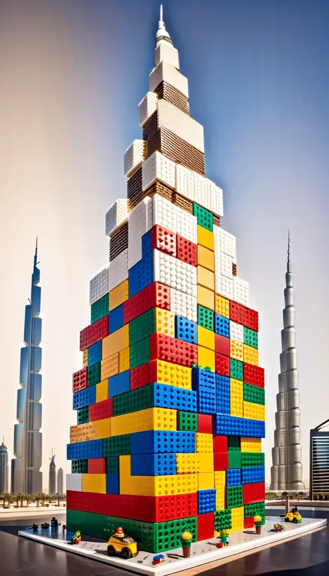  make an owl with LEGO bricks next to the Burj Khalifa, Made of Lego bricks, Very large owl , 