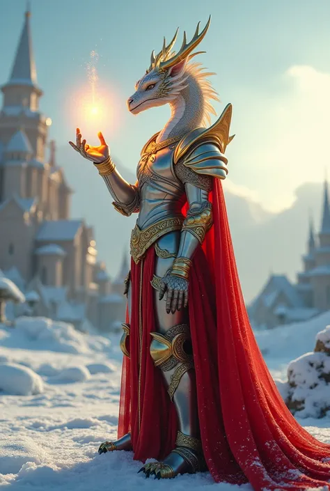 a masterpiece photograph, an inspired humanoid silver-white dragon dressed in red and gold armor, holding the sun in his hand in a poetic pose against the background of an epic snow and ice city, a solemn mood, indescribable beauty, snow whimsically sparkl...