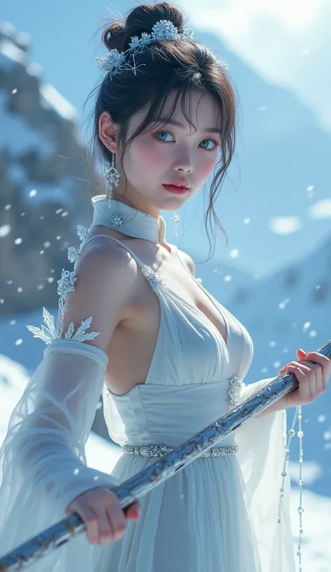   Photo of an Asian girl with blue eyes wearing a thin white evening dress, Deep collar,   holding up a long silver handle ,  There is ice steam and lightning on the back ,  standing ready to fight .   The background is a mountain landscape with scattered ...