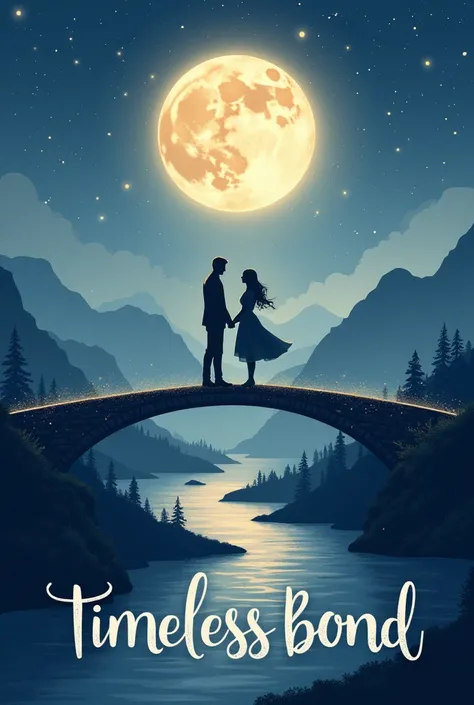 Realistic Professional A dreamy and romantic album cover inspired by the theme Timeless Bond. The image shows a serene, starry night sky with a glowing full moon above, symbolizing eternal love. In the foreground, two silhouettes of a couple stand on a bri...