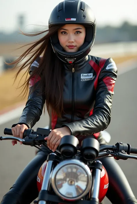 photo-realistic, Ultra-realistic,  Very beautiful Japanese college girl,  famous Japanese idols , 25 years old, Sitting astride a heavy motorcycle , WEARING SHOE GIRL SEXY RACING GIRL OUTFIT, long hair flowing in her hand.Sexy beauty with a bottle of oil ,...