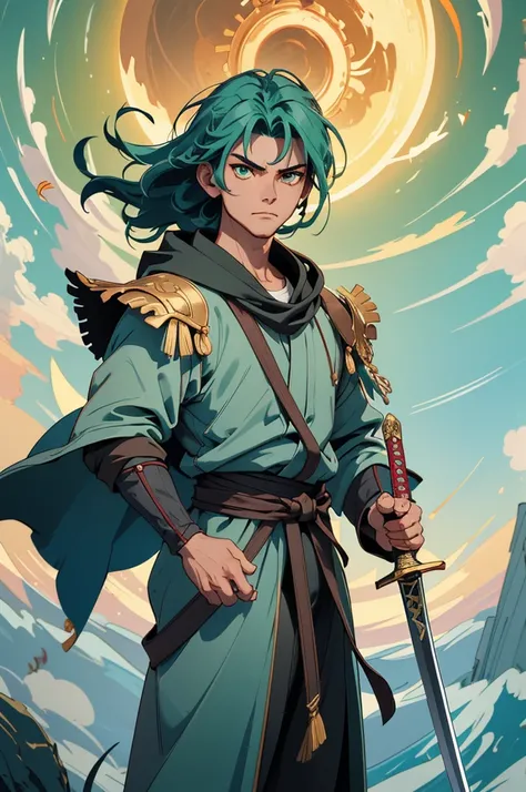 looking viewer, Best quality, masterpiece, high quality, detailed face, detailed piercing eyes, full-body shot (from below), Nagi, human incarnation of the Sun God, a swordsman mastering the wind. He has very short green hair, standing confidently with a w...