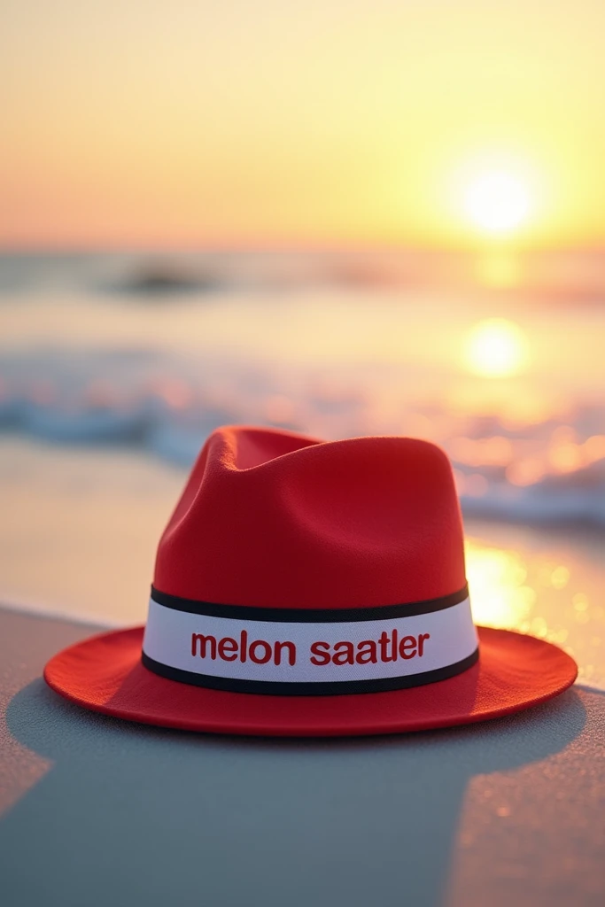 A fedora hat with a red top, white bottom, and a thin black stripe in the middle. The background features a serene beach scene with gentle waves crashing on white sand. The sun is setting on the horizon. The text ‘MELON SAATLER’ is embroidered in sea blue ...