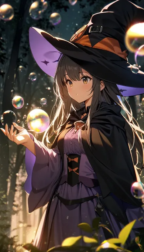 1girl, wearing witch clothes, witch hat, casting a bubble spell, magical bubbles, forest background, moody lighting, warm lighting, 