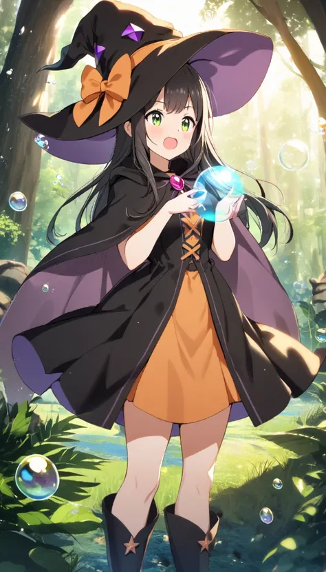 1girl, wearing witch clothes, witch hat, casting a bubble spell, magical bubbles, forest background, 