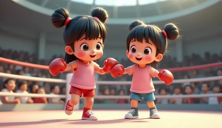 a girl, 3D animation ((picture taken from the side)) with a vibrant color palette, cute and adorable with hair in two buns on top and bangs, a beautiful and cute girl, blushing cheeks. wearing a red boxing ring, pink tank top, blue shorts, boxing shoes, in...