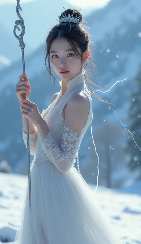   Photo of an Asian girl with blue eyes wearing a thin white evening dress, Deep collar,   holding up a long silver handle ,  There is ice steam and lightning on the back ,  ชุดซีทรู, เซ็กซี่ .   The background is a mountain landscape with scattered snowfl...