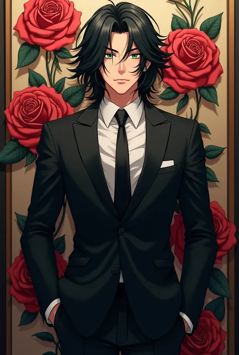 Anime man with strong and handsome appearance, black hair, black hair, dark green eyes, wearing black suit, tie tie, full view, luxurious background, embroidered with roses.