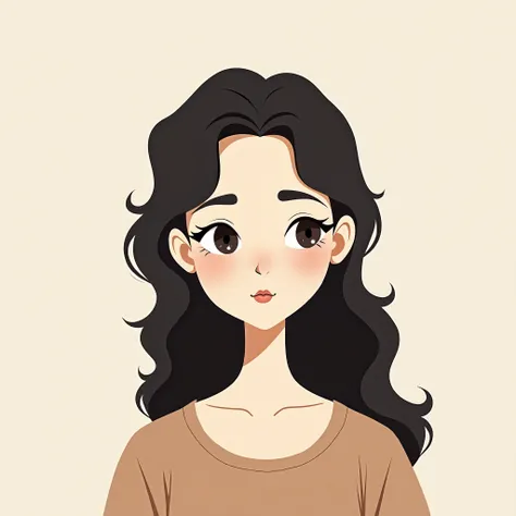  minimalist illustration of a female character ,  with long curly hair ,  teen , full mouth,  pointed but discreet nose , Female outfit .  Facial features may be inspired by the reference photo. 