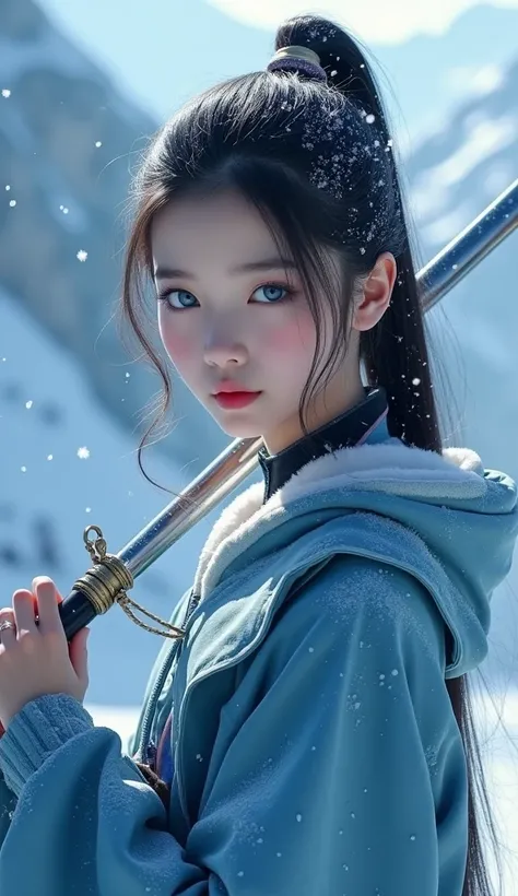   Photo of an Asian girl with blue eyes, สวมชุดว่ายน้ำบางๆยั่วยวน, Deep collar,   holding up a long silver handle ,  There is ice steam and lightning on the back ,  ชุดซีทรู, เซ็กซี่ .   The background is a mountain landscape with scattered snowflakes , Re...