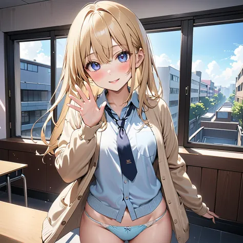 anime、One high school girl, embarrassed face 、blush、(Blonde:1.3)、long straight hair、Small breasts,(untucked beige cardigan :1.5), Black Normal Necktie 、(light blue side tie panties:1.5),beautiful thighs,stand、(Waving hello:1.5)、 blue sky seen from classroo...