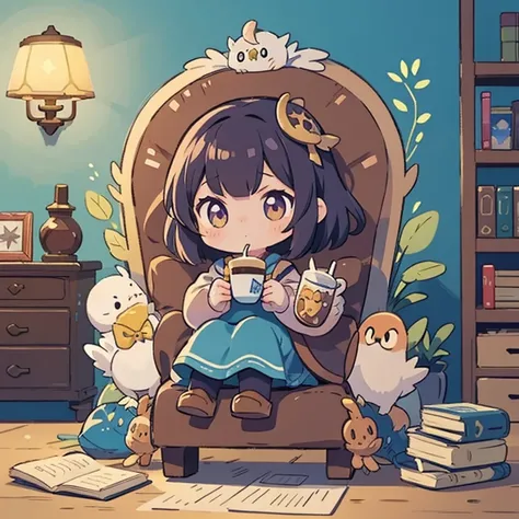  small mascot ,  anime girl sitting on a chair holding a coffee cup in her hand, Alchemist Girl ,  Light novel cover ,  Official Art, Epic Light Novel Art Cover ,  Official Artwork, epic  Light novel cover , change, isekai, small curve change, Crush Lease,...