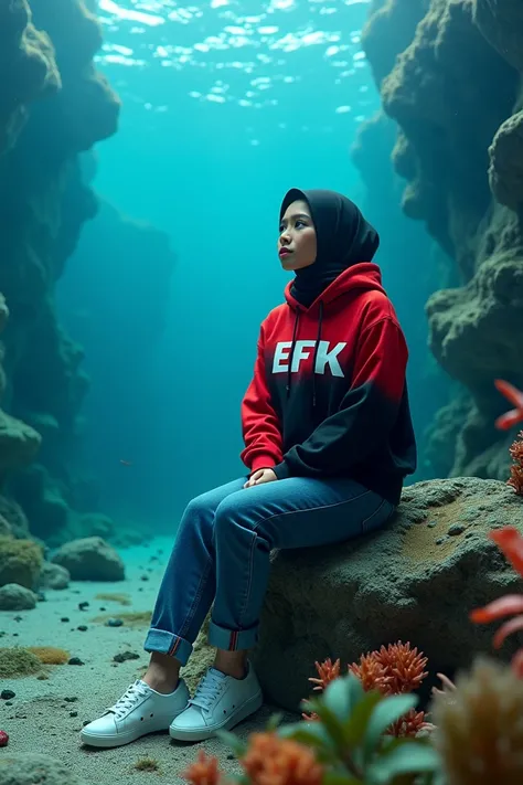 On the beautiful seabed, you can see an Indonesian woman wearing a hijab, red and black gradient hoodie with the words EFK, jeans, white sneakers, sitting on a rock, a backdrop of stunning seabed views