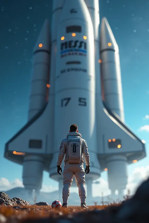 Lionel Messi, wearing a space suit, stands in front of a massive spaceship, looking up in amazement. The spaceship has the words "Messi Space Academy" written on it. In the background, a clear blue sky with twinkling stars is visible, and a small football ...