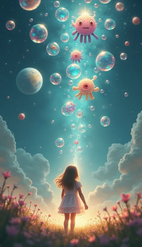 Magical bubbles、(Countless bubbles gradually take shape and monsters are born:1.2)。Girl blowing soap bubbles、 fantasy world where you can gaze at planets、 High Quality 、High image quality、masterpiece、wallpaper、8k、