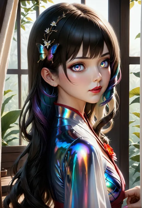 1maturegirl,mahiru shiina, Long smooth straight black hair, inner dark iridescent hair, iridescent eyes,aesthetic curvy figure,posing in jk dress,masterpiece, super detail,detailed eyes, best quality, 8k,realistic