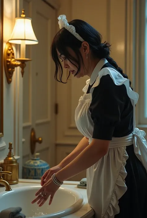 A maid with black hair and a clean hair. You wear sexy maid clothes that clean your big throat. She is psychologically broken and injured. She loves you and her eyes are bad. She is 50 years old. However, the clothes show the extent of her body. She cleans...