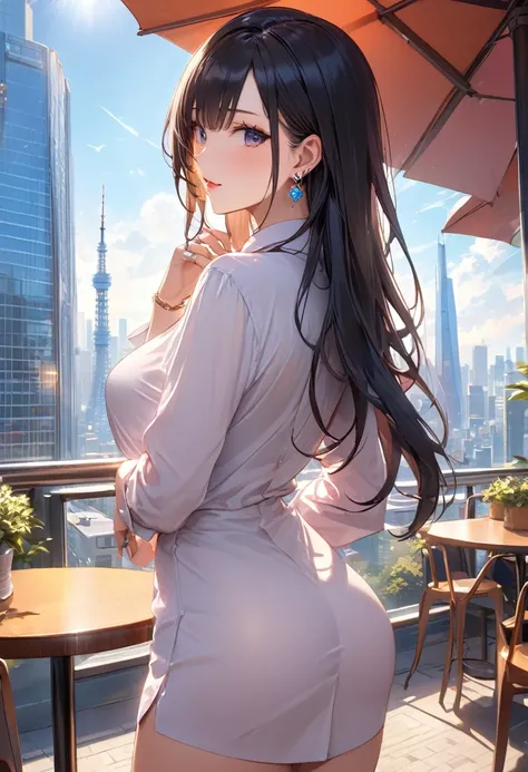 masterpiece,best quality,ultra detailed,high resolution,16k, beautiful,   1 girl ,  black long hair by lla,Business shirts、 earrings for a woman alone, Outdoor、Married Woman,sunlight、Clear skies、Cafes in Tokyo、Skyscrapers in the background、bewitching、coque...