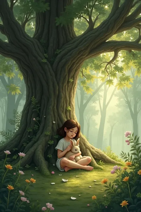 The girl and the rabbit sitting under a big tree, relaxing together with a soft, warm forest ambiance in the background."