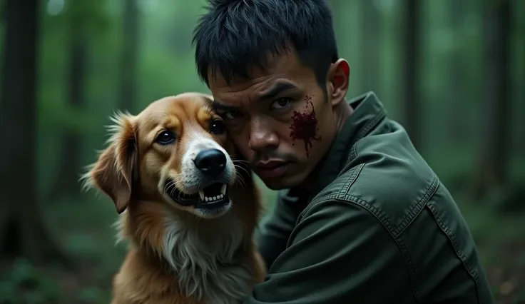 high quality, 8K Ultra HD, Realistic , extremely detailed, masterpiece, best quality, ultra-detailed), (best lighting, best shadow), (a perfect and symmetrical , mid 20s filipino man holding ZOMBIE  dog ,serious and intimidating face, bloody face, The back...