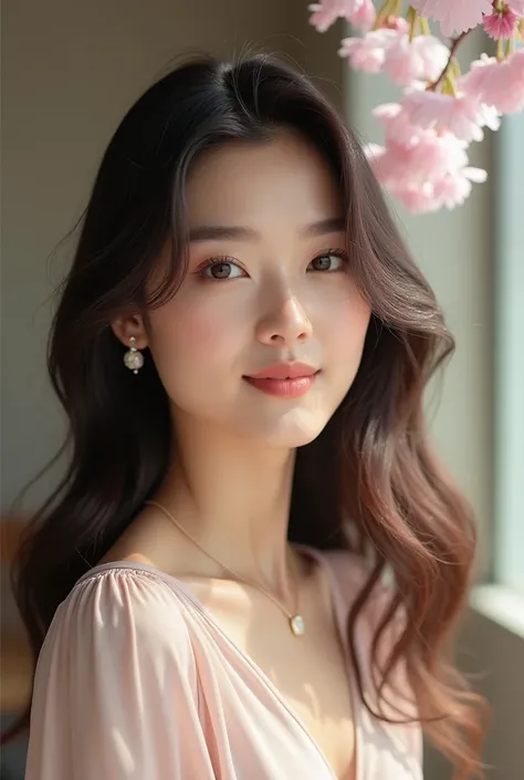 A stunning half-Korean, half-Japanese woman with a perfect blend of elegant Korean beauty and delicate Japanese charm. She has fair, radiant skin with a natural glow, slightly almond-shaped dark brown eyes with long eyelashes, and soft, naturally arched ey...