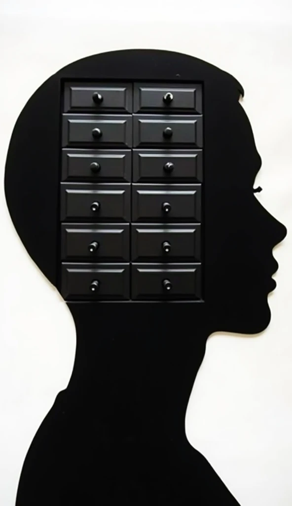 A shillouette of a human head, in which 9 units of drawers are put side by side in 3 columns.