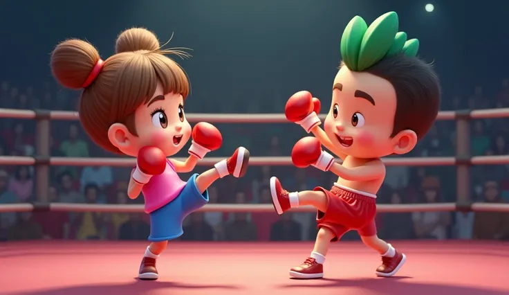 a girl, 3D animation ((picture taken from the side)) with a vibrant color palette, cute and adorable with hair in two buns on top and bangs, a beautiful and cute girl, blushing cheeks. wearing a red boxing ring, pink tank top, blue shorts, boxing shoes, in...