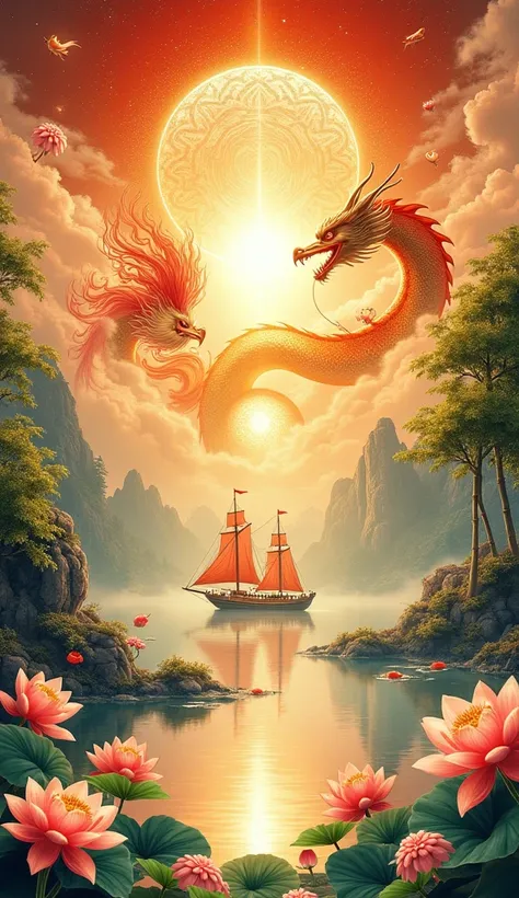 A watercolor Chinese painting style of A grand celestial scene showcasing the ultimate harmony of Chinese auspicious symbols. At the center, a golden dragon and a fiery phoenix spiral around a glowing orb of light, representing balance and eternal prosperi...