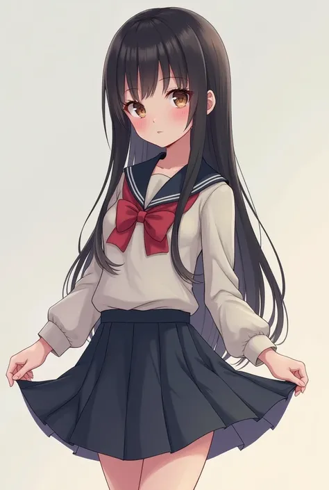 Draw a picture of a cute girl with long black hair wearing a school uniform skirt and being embarrassed Show me your skirt a little bit