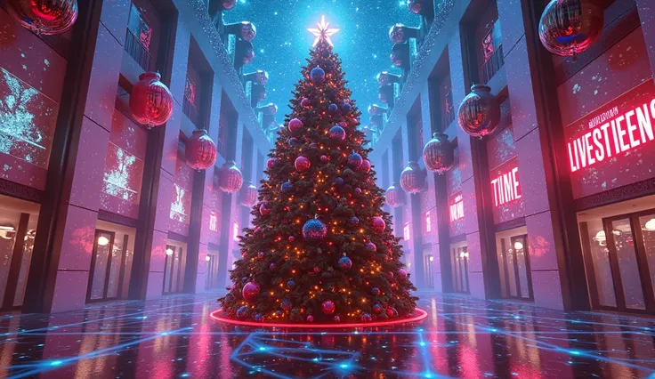 large XMAS TREE in the forefront with large mirror 3D BALLS hanging from it
neon sign SnookerLiveStreams 