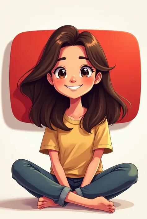 
Create image of a  ,brunette and long black hair sitting in front of YouTube logo in the form of a cartoon 