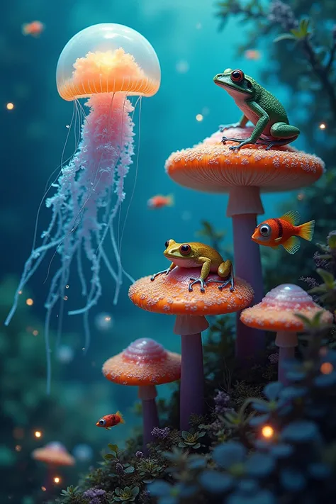 frog jellyfish mushroom and fish