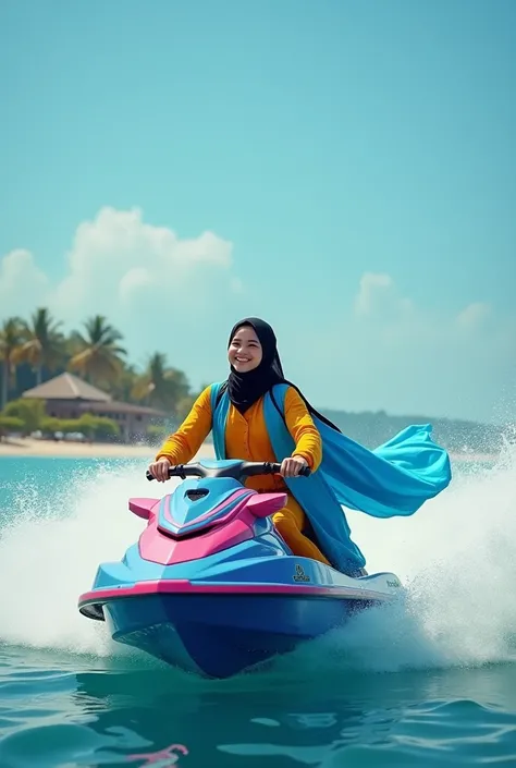 A beautiful Asian woman in a black hijab wearing a yellow shirt and wearing a blue floatshirt is riding a blue pink jet ski,  smiling and stylish face is speeding ,  in the middle of the blue sea with big waves ,  bright morning atmosphere with hot sun , b...