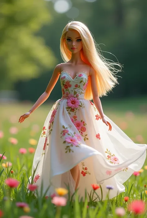  A beautiful Barbie doll wearing a floral dress,  long ,   the dress is white with colorful flowers .She is in a flowing .park