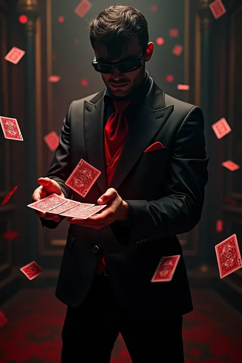 Magician with black and red playing cards 