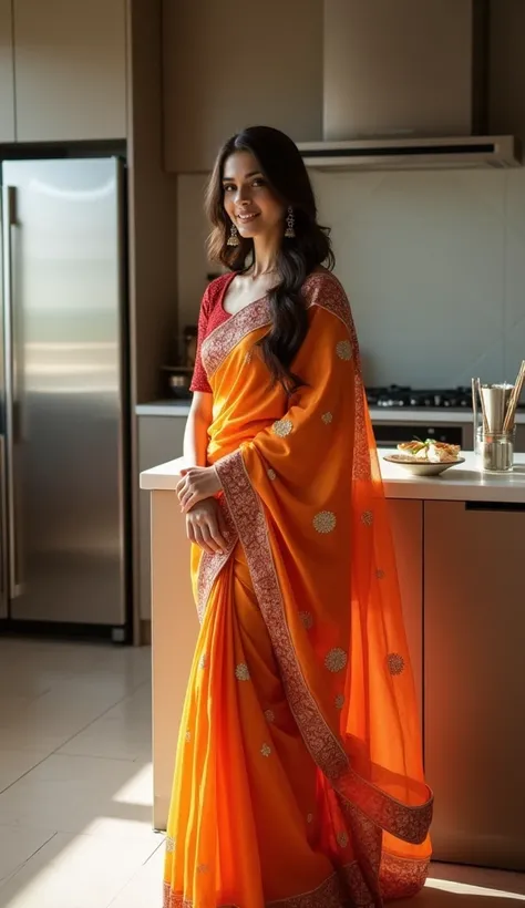 A beautiful indian woman in saree at kitchen and sexy figer is visble from saree and smiling and full size modern saree 