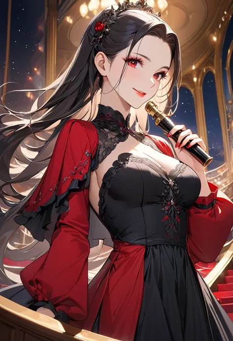 (delicate and beautiful), (Spectacular views illustration), (in a outer is red Elegant Jacket, in a best Elegant black princess dress, hand holding a Opera Glasses Grip, break, (solo, age 18) ((perfect parted center slicked-back look)) (delicate hime cut) ...