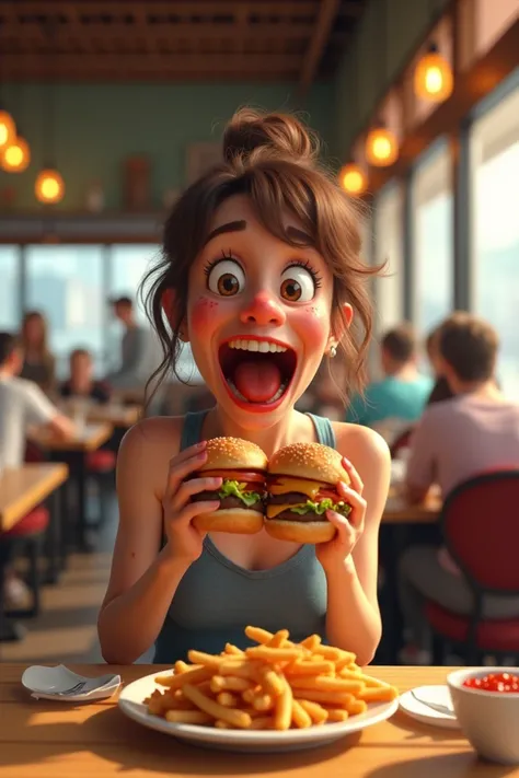 Woman eating hamburgers in a funny way in a restaurant 