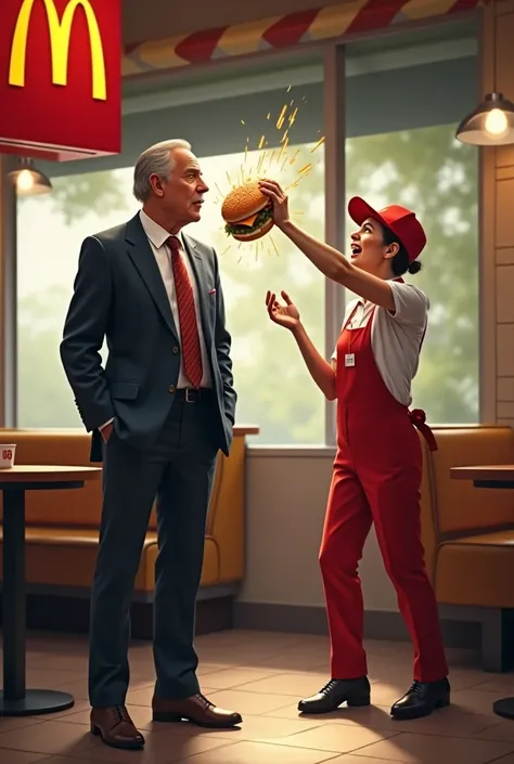 A millionaire is standing gracefully in McDonalds and a McDonalds worker dressed as a McDonalds worker throws a burger right in his face.