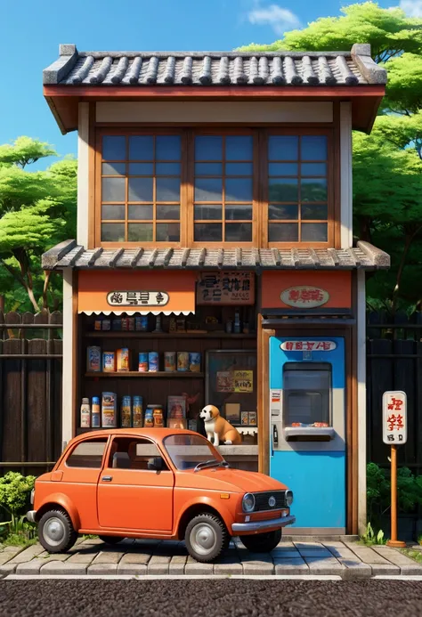 (((Oblique side view：2.0))),masterpiece,  best quality,  HIGH DETAILS,  Ultra High Definition、8k、 Semi-Realistic Style 、8bit、Diorama、 Dagashi Shop Lurking in the Japanese Countryside、Vending machines、 Rusty Sign 、(Retro car)、Dog House and Dog 。