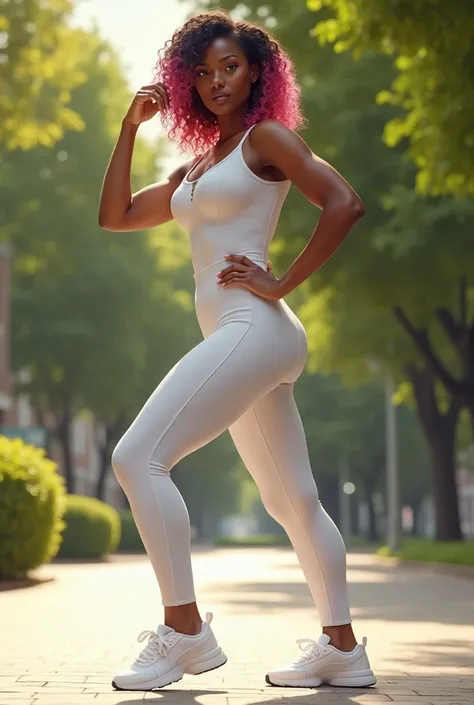 Black sexy woman with black-pink hair and feminine body, dressed in a completely white sporty sexy jumpsuit, perfectly emphasizing her figure and breasts, and white fashionable sneakers. She poses in an aesthetically dynamic pose against the backdrop of a ...