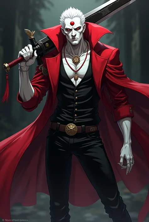 An anime character 
Hes a vampire man with white hair and compliments 
Sicatriz on her face red eyes evil face on her forehead has a tattoo that symbolizes her vampire clan
His skin color is white, he is strong. 
Wearing an all-red envelope with black 
Bla...