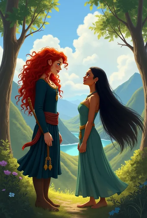 Create an image of princesses Merida and Pocahontas together 