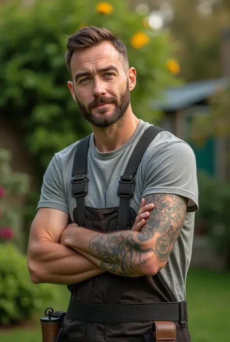  An average beautiful man ,  short groomed brown hair ,  lion tattoo on right arm , short well-groomed beard ,  about 40 years old , 1, 80 tall and normal statue , green eyes,  he is standing in his well-kept garden, Super realistic man , handyman