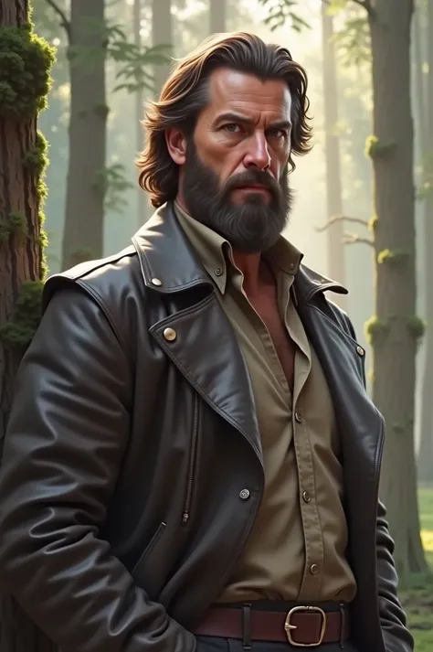 Image is a highly detailed, realistic portrait of a man in a forest setting. The style is reminiscent of classical oil paintings, with a focus on texture and lighting. The subject is a middle-aged man with a rugged appearance, featuring a full, thick beard...