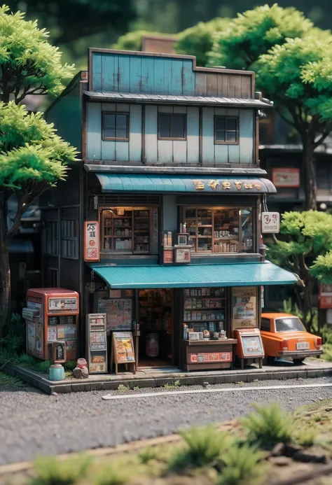 (((Oblique side view：2.0))),masterpiece,  best quality,  HIGH DETAILS,  Ultra High Definition、8k、 Semi-Realistic Style 、8bit、Diorama、 Dagashi Shop Lurking in the Japanese Countryside、Vending machines、 Rusty Sign 、(Retro car)、Dog House and Dog 。