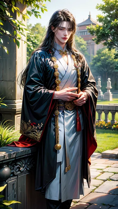 (超 high resolution,  high resolution,  super detailed, [Hall), masterpiece,  fine detail,antiquity,  Tim Bolton Style Handsome Adult Boy,  long hair,Black Eye ,Anime eyes ,  Light Han Costume ,  Ancient Chinese Style, , Detailed role, garden