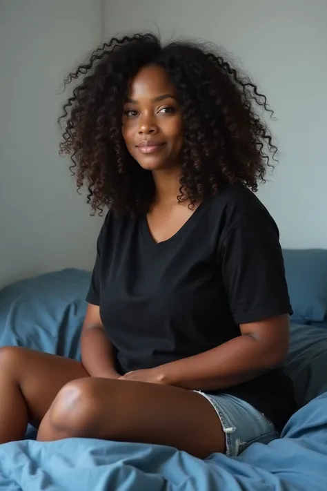 Realistic,23 year old women,sitting in a bed,curly hair chest length,chubby,wearing shorts and black t shirt,sheet roof, white wall bedroom,blue bedsheet,dusky tone skin,lying on the bed