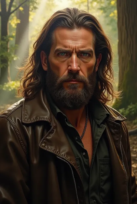 Image is a highly detailed, realistic portrait of a man in a forest setting. The style is reminiscent of classical oil paintings, with a focus on texture and lighting. The subject is a middle-aged man with a rugged appearance, featuring a full, thick beard...