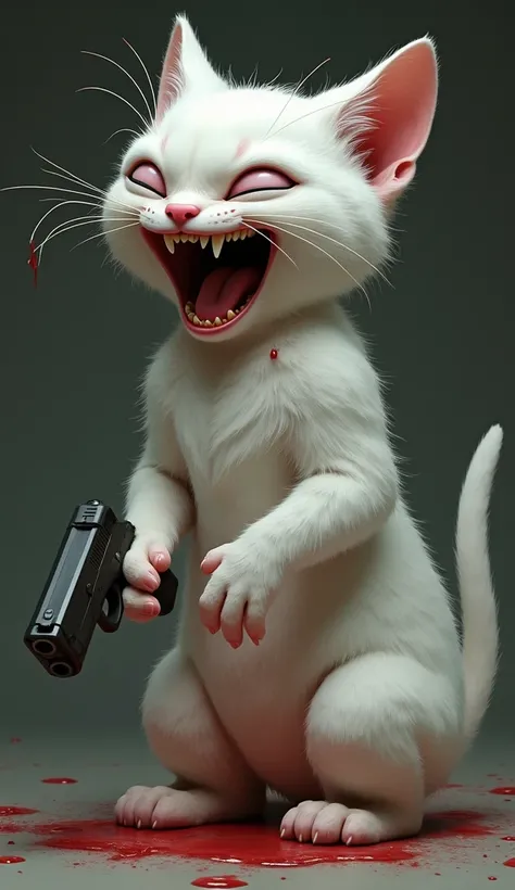 A monstrous baby white colored cat. He has a gun in his hand. Blood stains on your body. He is laughing angrily.